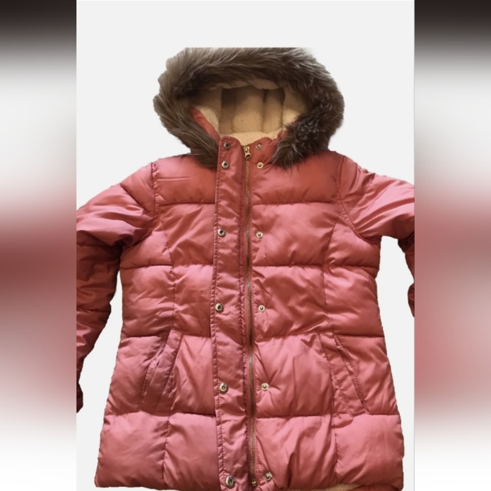 Old Navy Pink Puffer Jacket with Faux Fur Trim